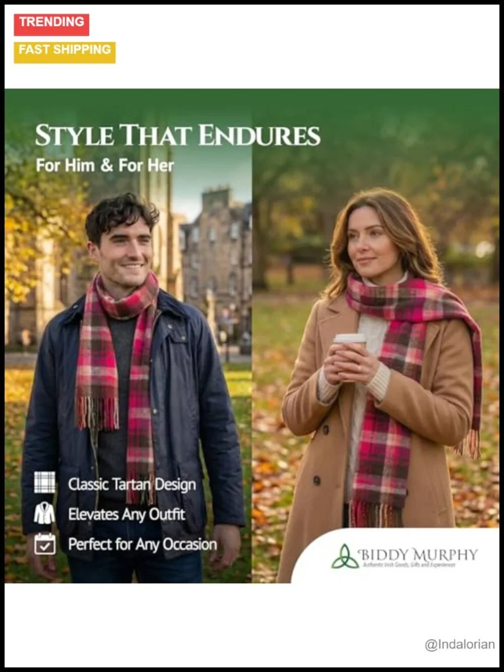 100% Lambswool Irish Tartan Scarf, 9x78, Unisex, Dry Clean